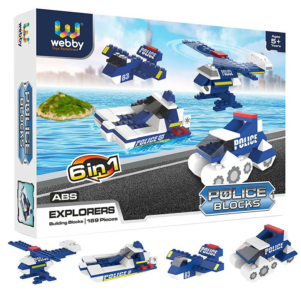 Box of Ugly Toys Webby Police Blocks set with police vehicle illustrations on a white background.