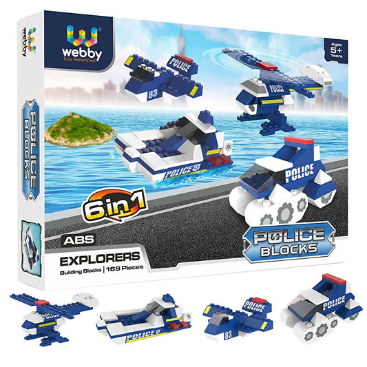 Box of Ugly Toys Webby Police Blocks set with police vehicle illustrations on a white background.