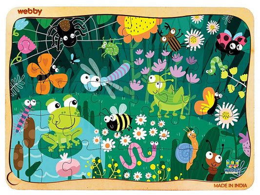 Children's puzzle with colorful insects and animals on a wooden frame, made by Webby.