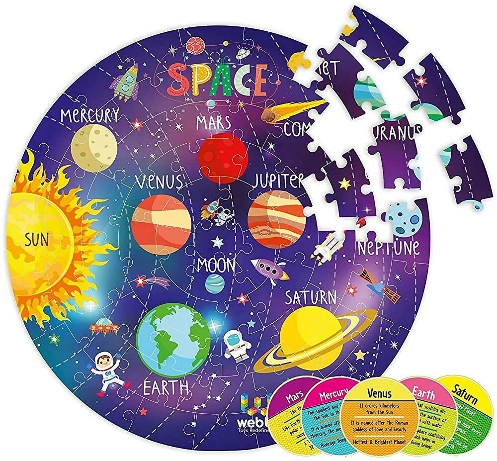 Space-themed puzzle with colorful illustrations of planets and celestial bodies on a purple background.
