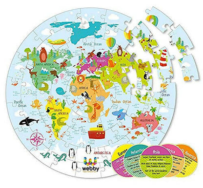 Children's world map puzzle with colorful illustrations of animals and landmarks, branded 'Webby'.