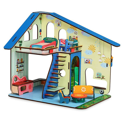Colorful dollhouse with furniture on a white background