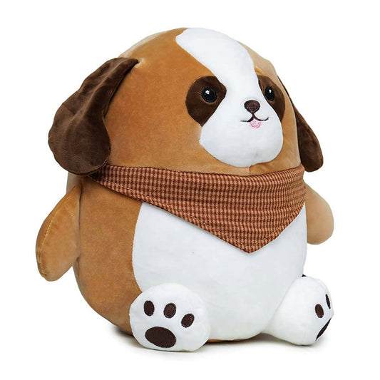 Plush dog toy with a brown and white color scheme on a white background