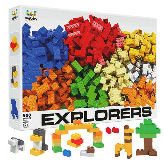 Box of Webby Explorers building blocks with colorful pieces displayed on a white background