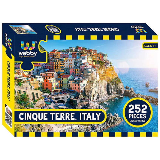 Jigsaw puzzle box featuring Cinque Terre, Italy with colorful buildings and blue sea.