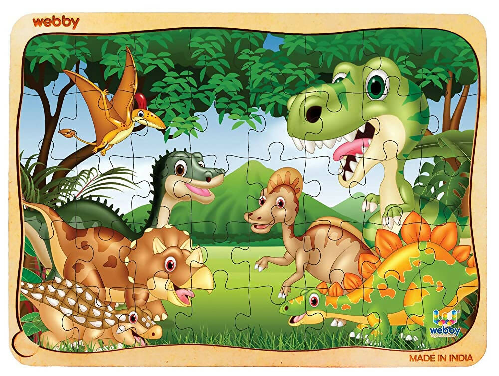 Children's dinosaur puzzle with cartoon dinosaurs on a wooden frame, made by Webby.