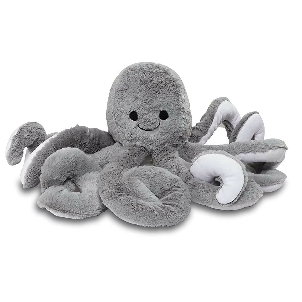 Gray plush octopus toy on a white background