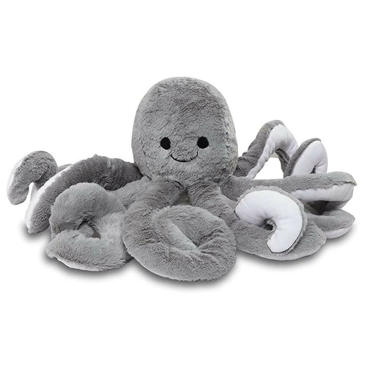 Gray plush octopus toy on a white background