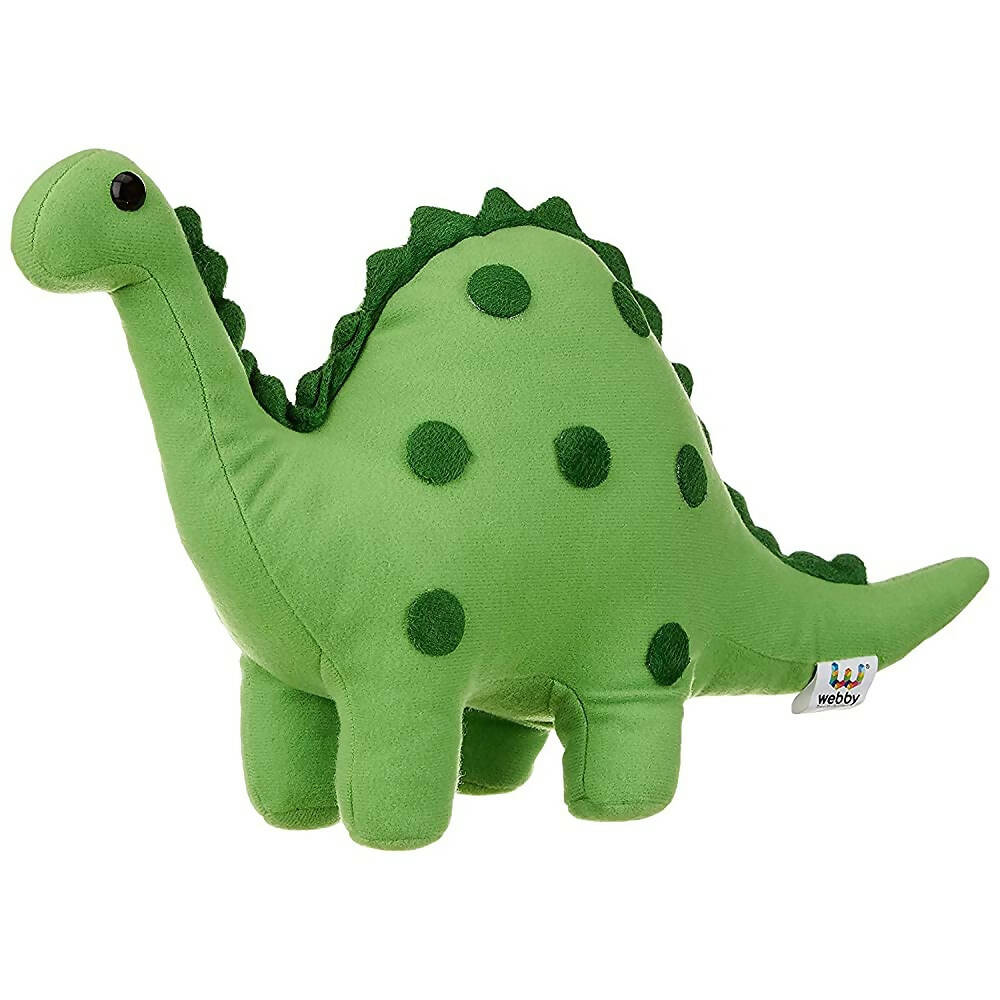 Green dinosaur plush toy with spots on a white background