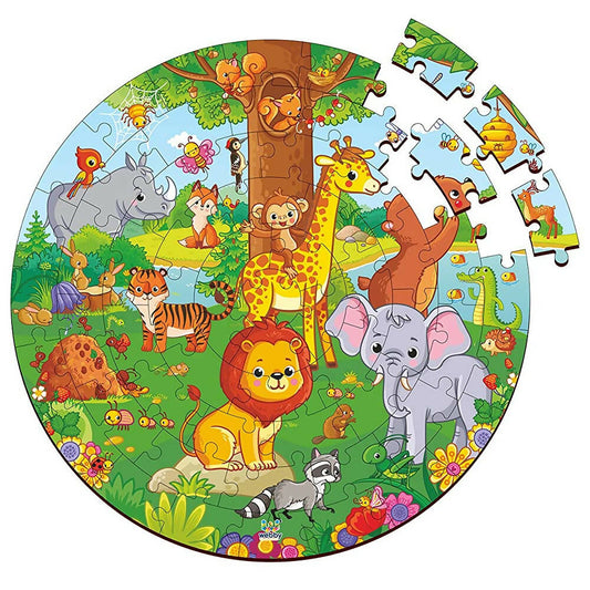 Circular children's puzzle with cartoon animals on a white background