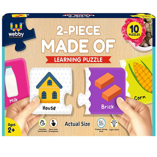 Learning puzzle packaging with two pieces held by hands, showing a house and a brick, on a wooden background.