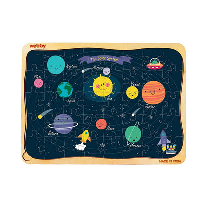Solar system-themed puzzle with colorful planets and Webby branding on a blue background