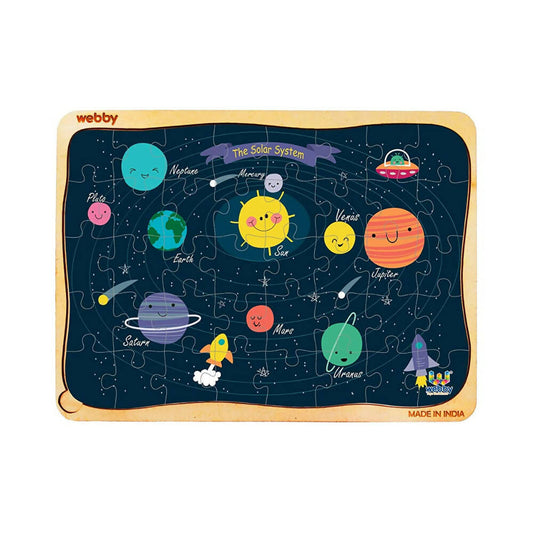 Solar system-themed puzzle with colorful planets and Webby branding on a blue background