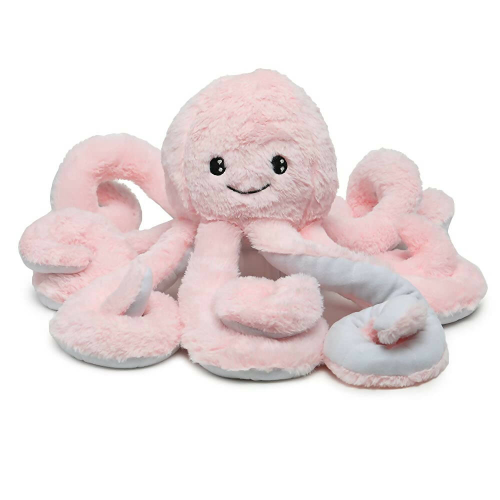 Pink plush octopus toy on a white background