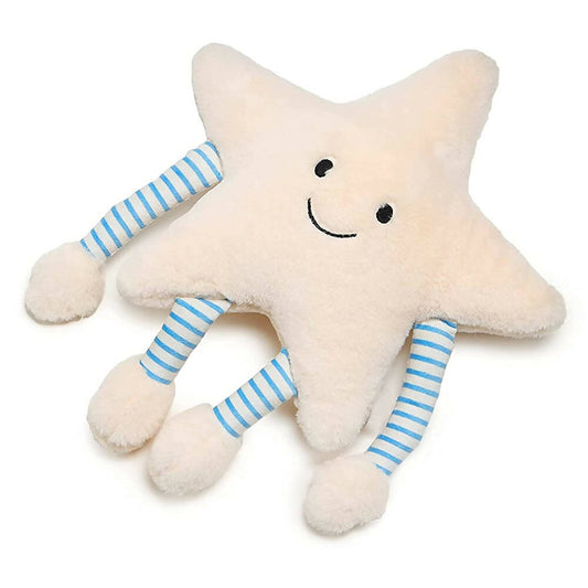 Star-shaped plush toy with blue striped legs on a white background