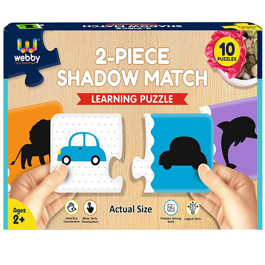Box of Webby 2-piece shadow match learning puzzle with hands holding puzzle pieces.