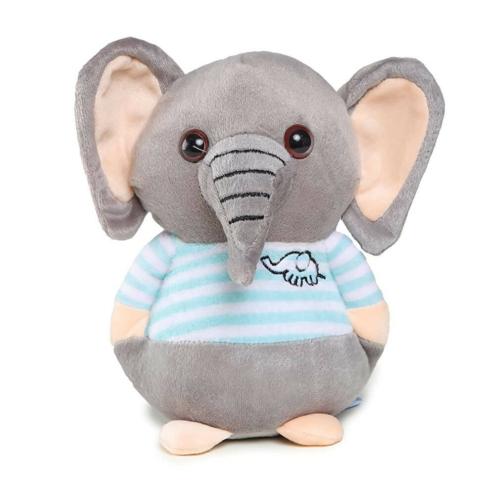 Plush elephant toy with a striped shirt on a white background