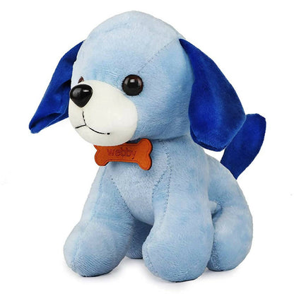 Blue plush dog toy with a white muzzle and orange tag on a white background