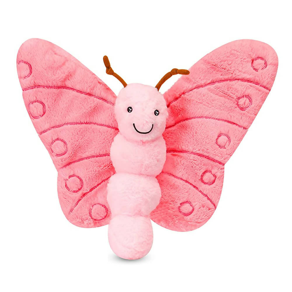 Pink plush toy shaped like a butterfly on a white background