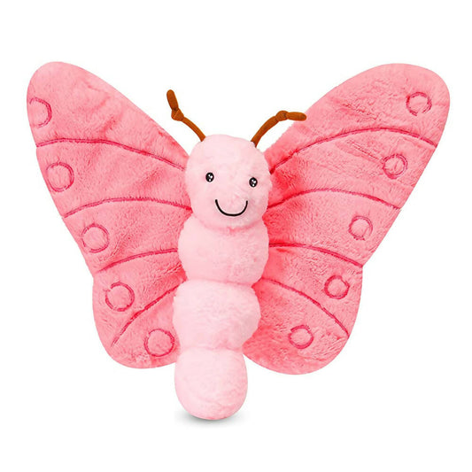 Pink plush toy shaped like a butterfly on a white background