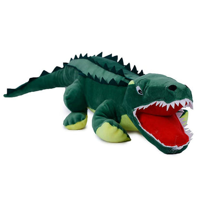 Green dinosaur plush toy with an open mouth on a white background