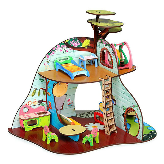 Colorful children's playhouse with multiple levels and accessories on a white background