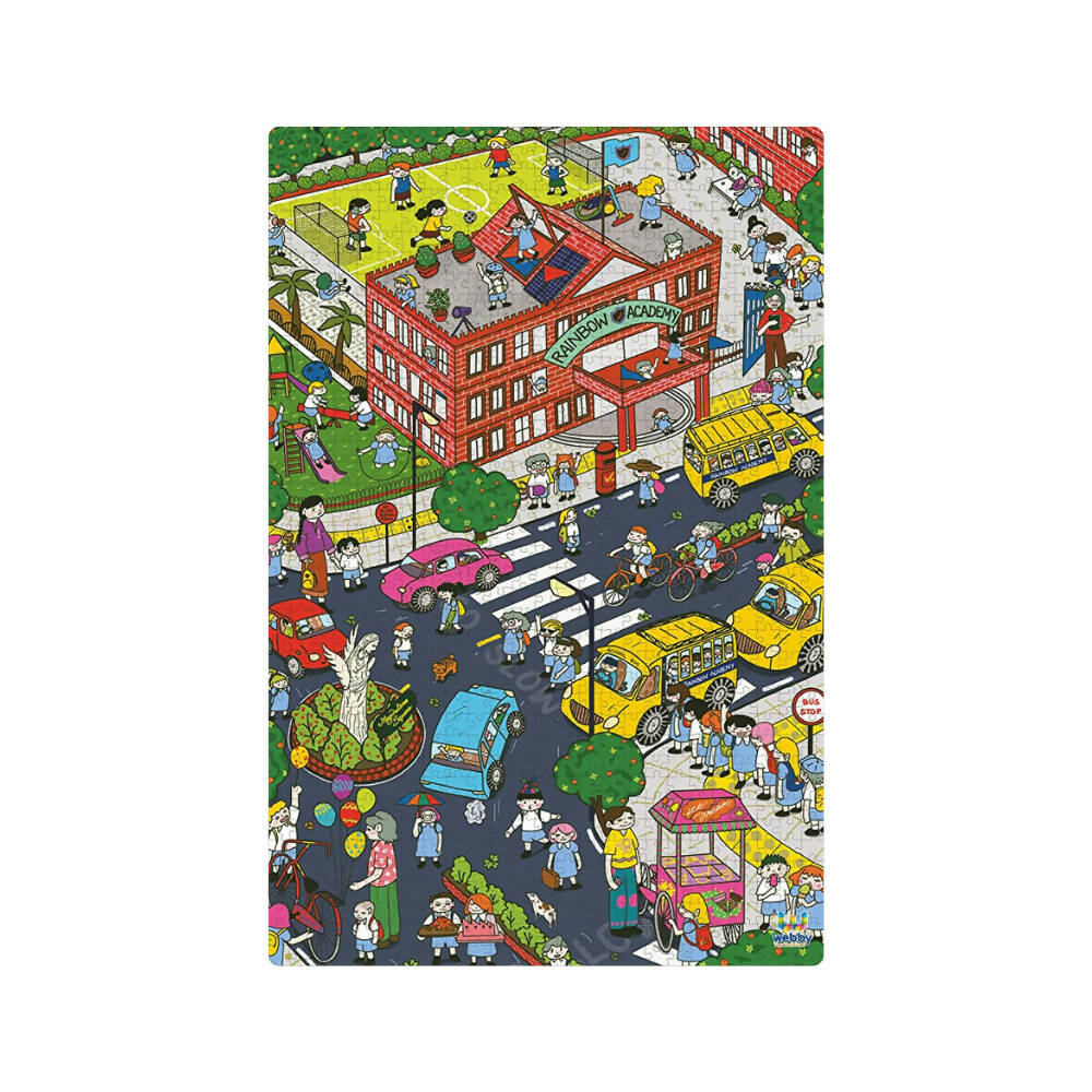 Illustrated notebook cover with a city scene, people, and vehicles on a white background