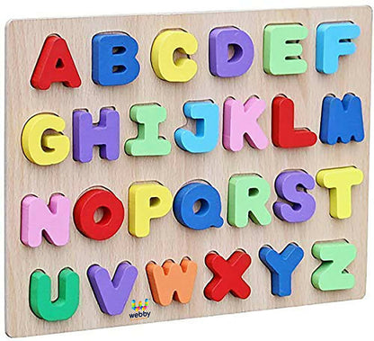 Colorful alphabet puzzle on a wooden board with 'webby' branding.