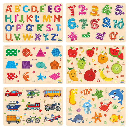 Set of wooden educational puzzles with letters, numbers, shapes, fruits, and animals.