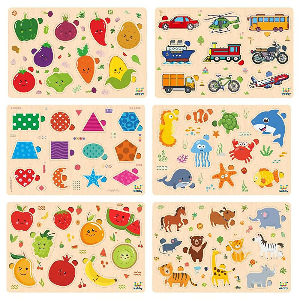 Set of wooden puzzles with colorful illustrations on beige backgrounds