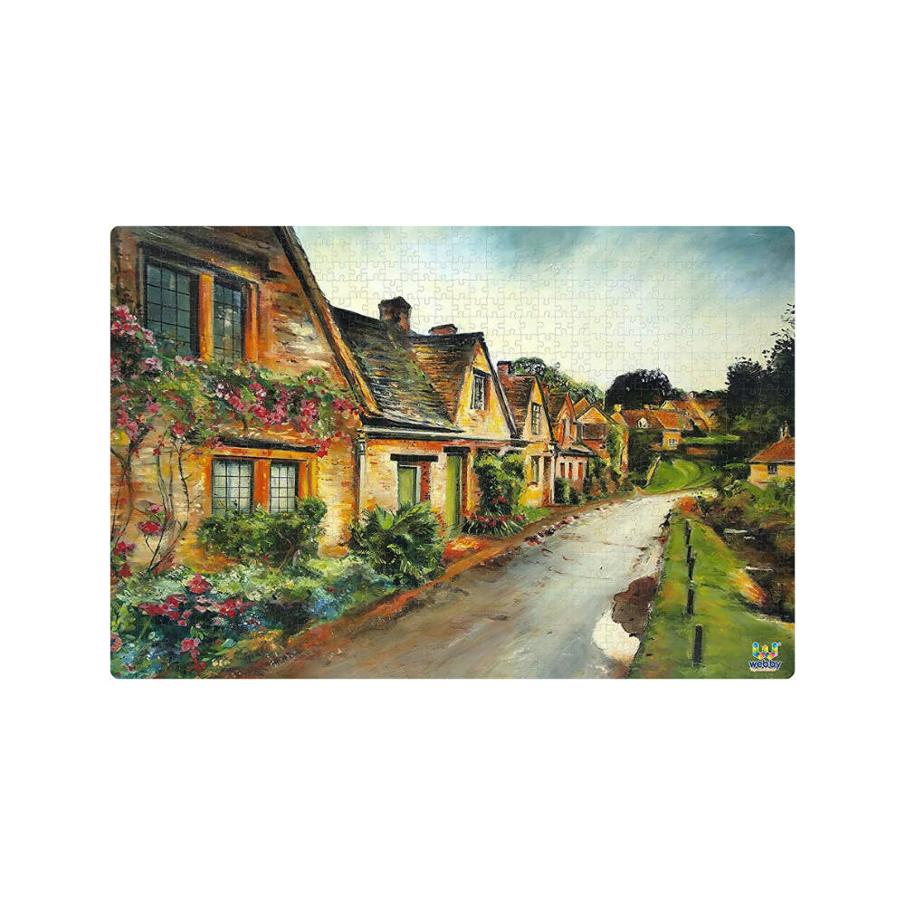 Painting of a quaint village street with houses and flowers on a white background