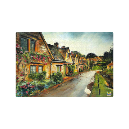 Painting of a quaint village street with houses and flowers on a white background