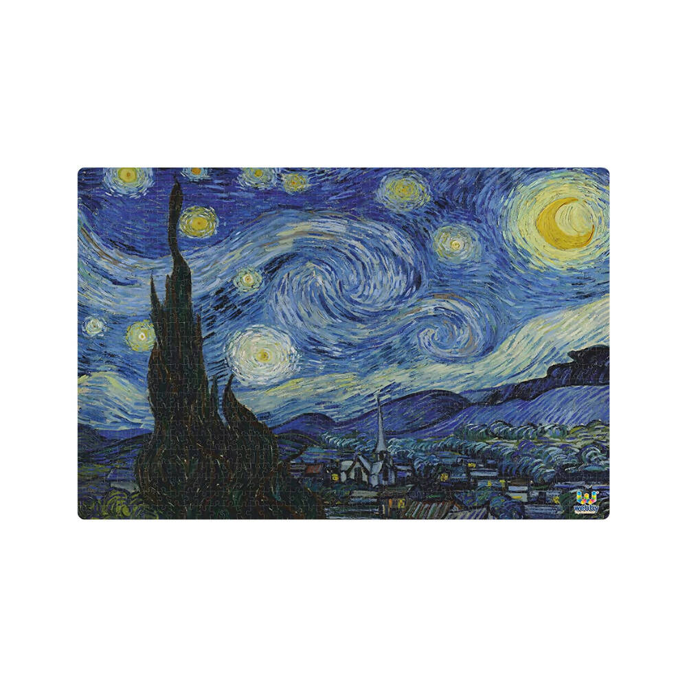 Stylized version of 'The Starry Night' with a statue silhouette on a white background