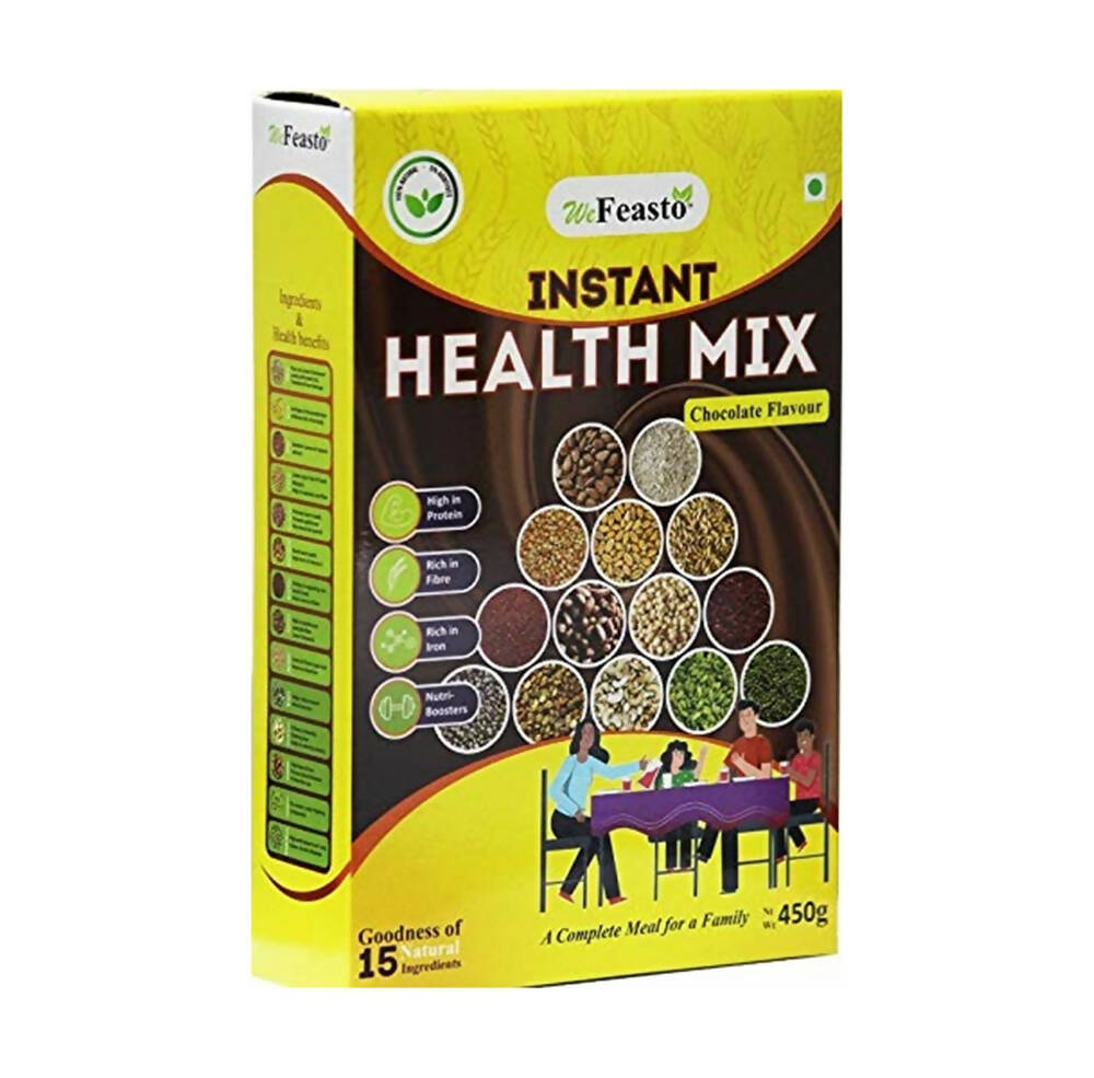 Feasto Instant Health Mix packaging with images of ingredients and people around a table.