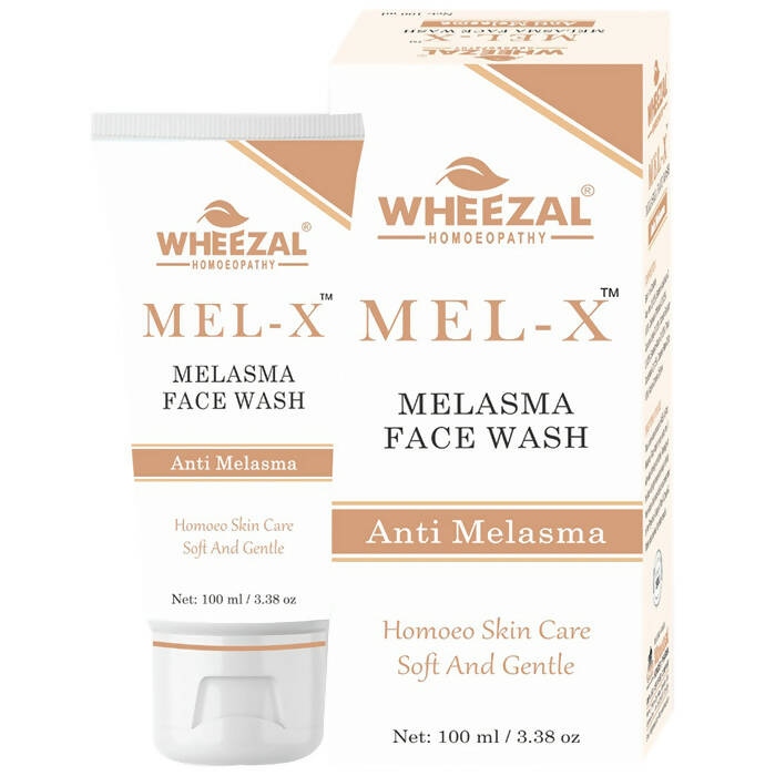 Packaging of Wheezal Mel-X Melasma Face Wash with product information and branding visible.