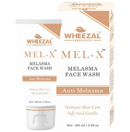 Packaging of Wheezal Mel-X Melasma Face Wash with product information and branding visible.