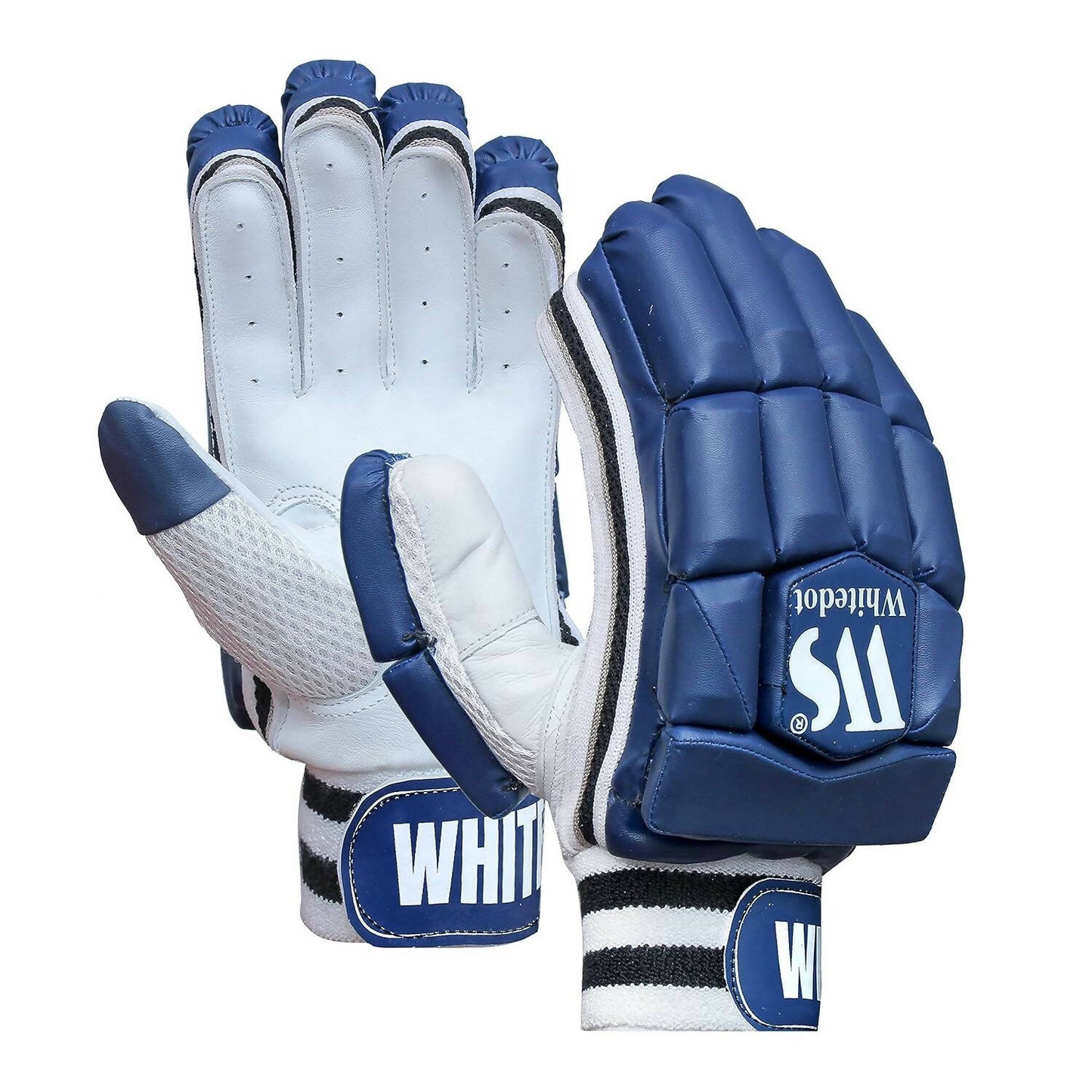 Pair of blue and white cricket gloves with Whitdel branding on a white background