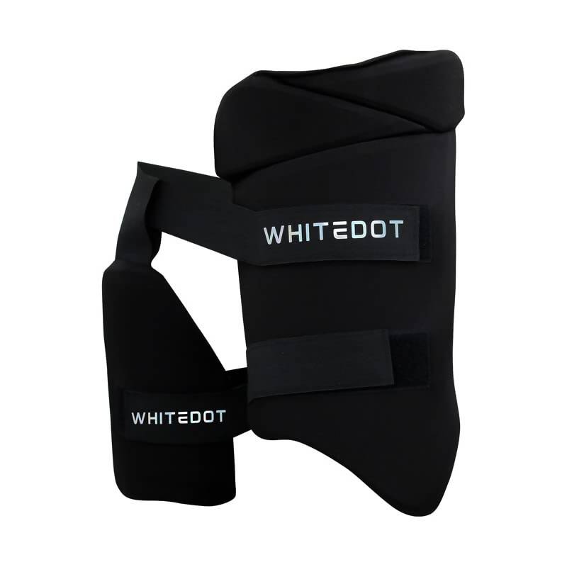 Black shin guards with 'WHITEDOT' branding on a white background