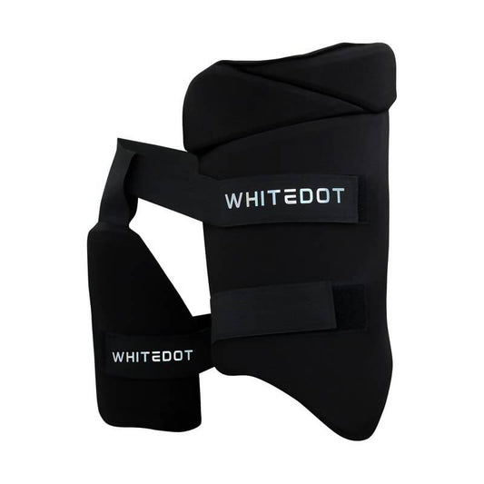 Black shin guards with 'WHITEDOT' branding on a white background