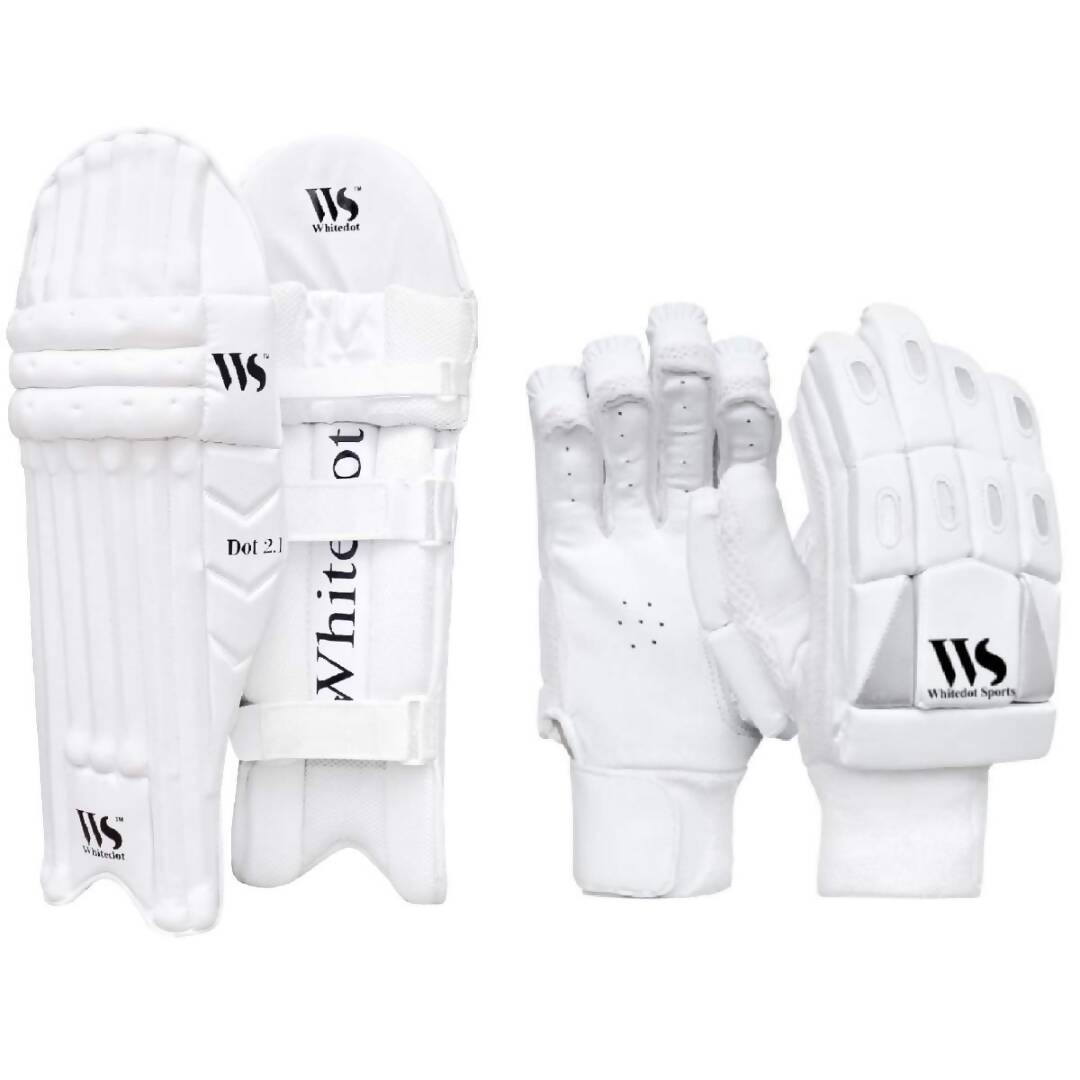 White cricket pads and gloves with visible branding on a white background