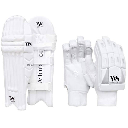 White cricket pads and gloves with visible branding on a white background