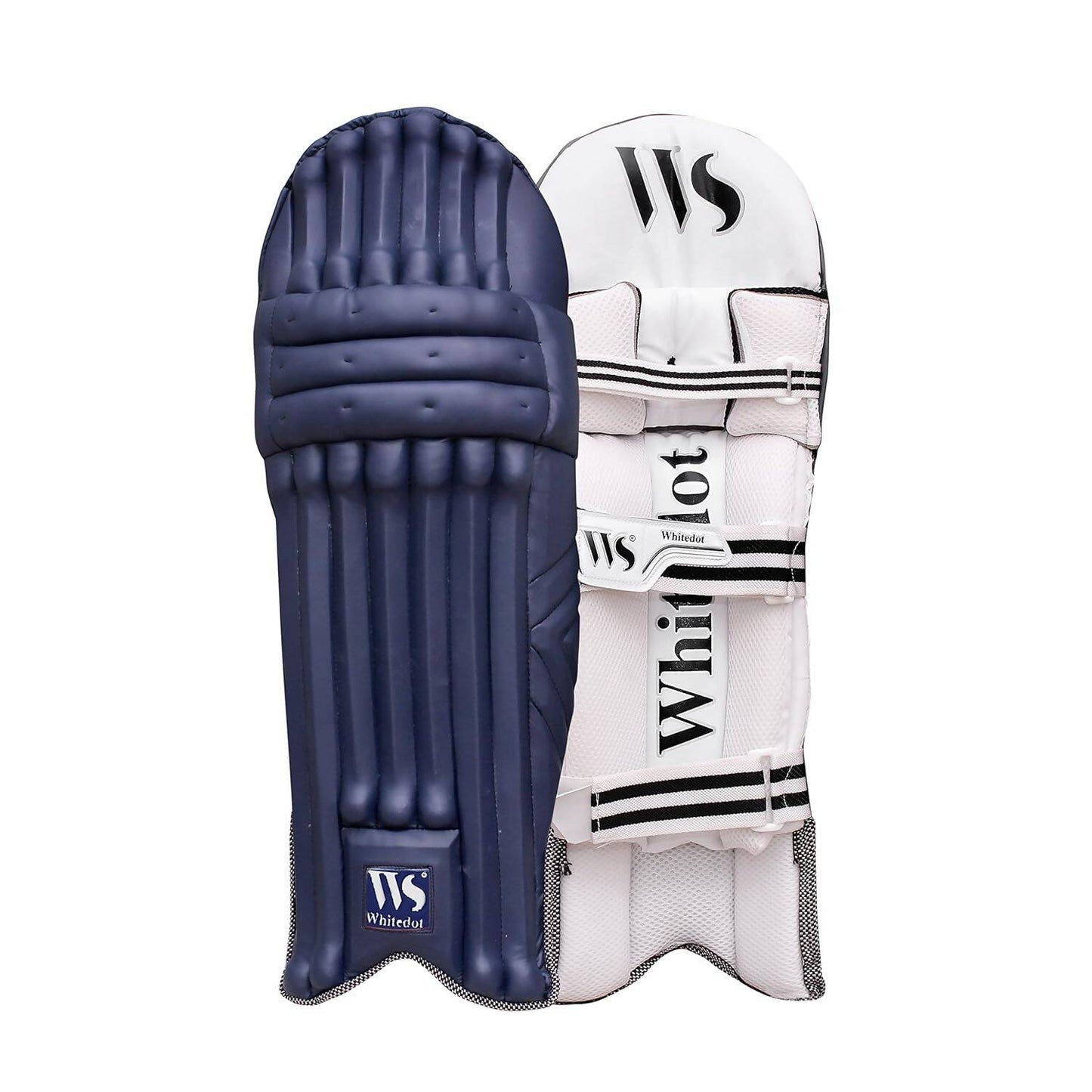 Pair of navy and white cricket pads with 'WS' branding on a white background
