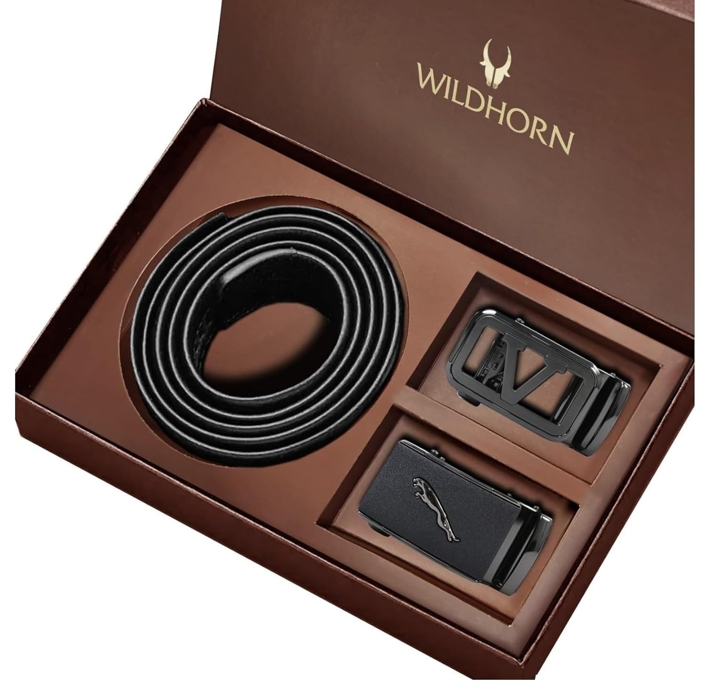 WildHorn Men’s Leather Belt Gift Set | Genuine Leather belt Strap with 2 Interchangeable Buckles (Black & Gold) | Formal & Casual Wear Adjustable Belt | Automatic lock leather belt for men