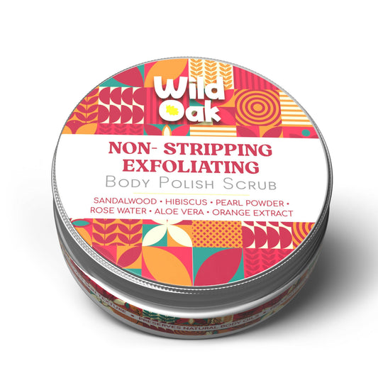 Tin of Wild Oak non-stripping exfoliating body polish scrub with colorful label