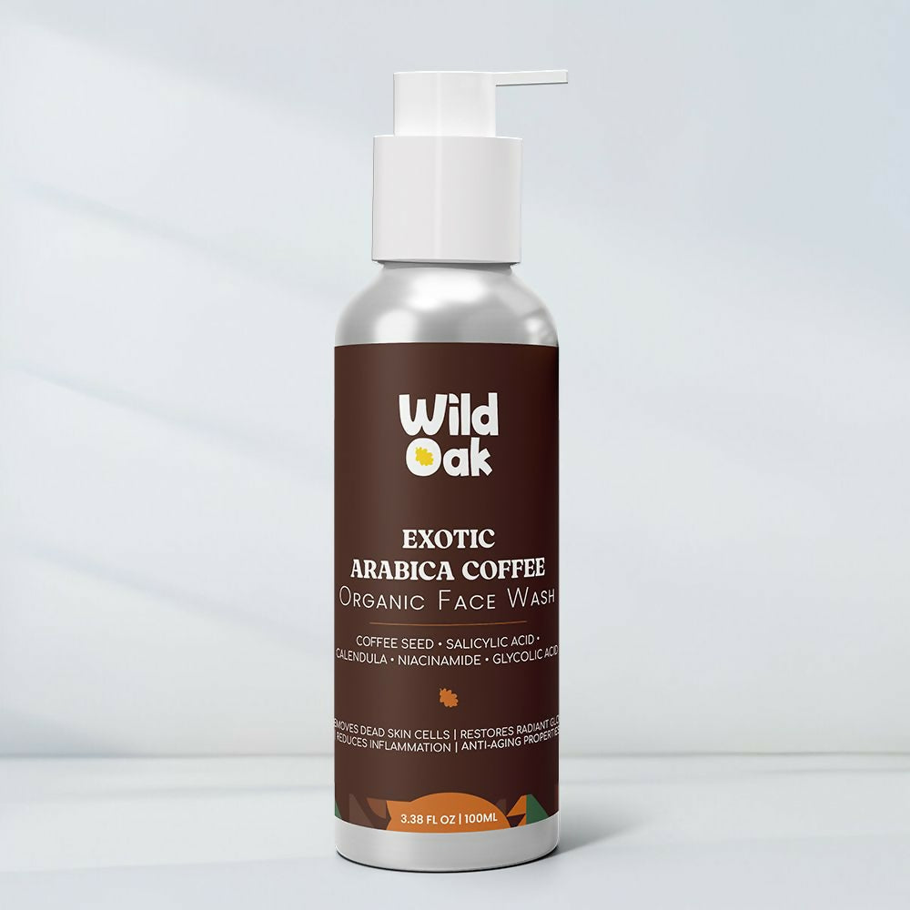 Wild Oak Exotic Arabica Coffee Organic Face Wash bottle on a light gray background