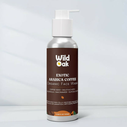 Wild Oak Exotic Arabica Coffee Organic Face Wash bottle on a light gray background