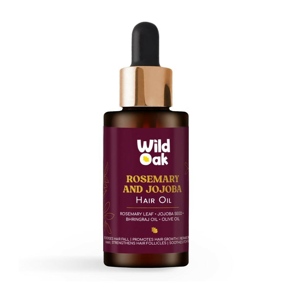 Bottle of Wild Oak Rosemary and Jojoba Hair Oil on a white background