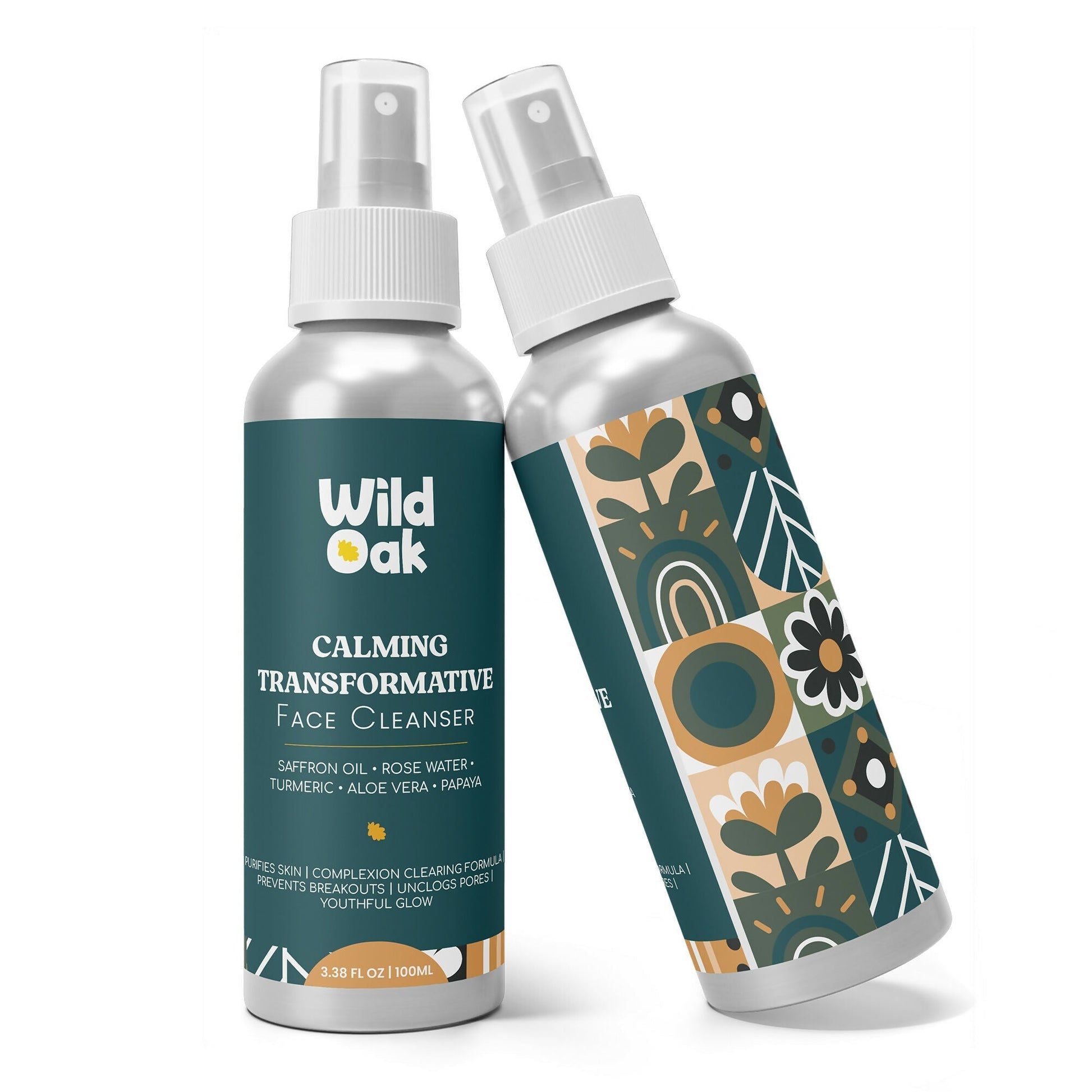 Two bottles of Wild Oak face cleanser on a white background