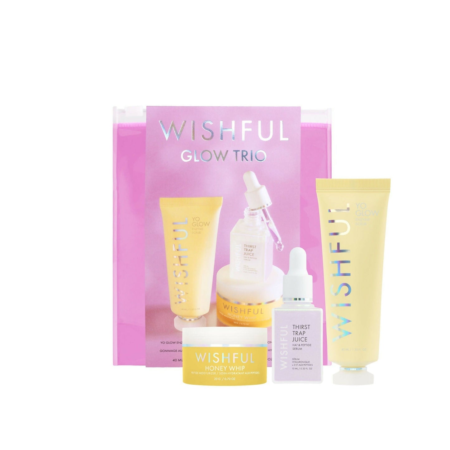 Wishful Glow Trio skincare set with pink packaging on a white background