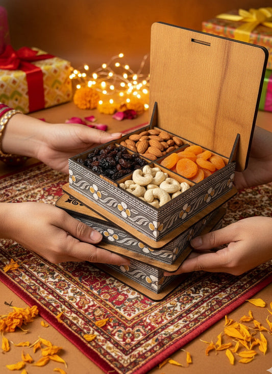Open wooden box with dry fruits on a decorative mat with blurred lights and gift boxes in the background
